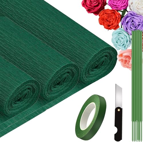 3 Rolls krepppapier 25x250cm, Krepppapier Rollen, Nicht Abfärbende Farben, Krepppapier Bunt für DIY Blumen Kunsthandwerk, Geburtstagsfeier, Hochzeit, Festival Ornament (Dunkelgrün) von VNAKER