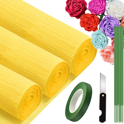 3 Rolls krepppapier 25x250cm, Krepppapier Rollen, Nicht Abfärbende Farben, Krepppapier Bunt für DIY Blumen Kunsthandwerk, Geburtstagsfeier, Hochzeit, Festival Ornament (Gelb) von VNAKER