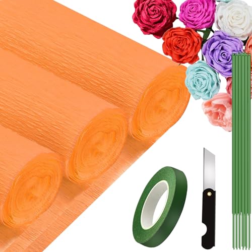 3 Rolls krepppapier 25x250cm, Krepppapier Rollen, Nicht Abfärbende Farben, Krepppapier Bunt für DIY Blumen Kunsthandwerk, Geburtstagsfeier, Hochzeit, Festival Ornament (Orange) von VNAKER