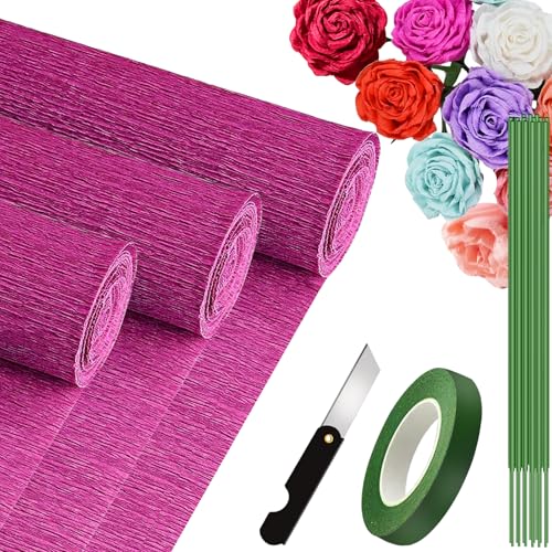 3 Rolls krepppapier 25x250cm, Krepppapier Rollen, Nicht Abfärbende Farben, Krepppapier Bunt für DIY Blumen Kunsthandwerk, Geburtstagsfeier, Hochzeit, Festival Ornament (Rosenrot) von VNAKER