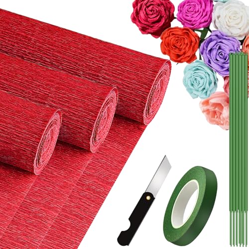 3 Rolls krepppapier 25x250cm, Krepppapier Rollen, Nicht Abfärbende Farben, Krepppapier Bunt für DIY Blumen Kunsthandwerk, Geburtstagsfeier, Hochzeit, Festival Ornament (Rot) von VNAKER