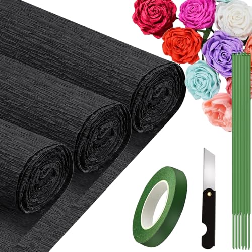 3 Rolls krepppapier 25x250cm, Krepppapier Rollen, Nicht Abfärbende Farben, Krepppapier Bunt für DIY Blumen Kunsthandwerk, Geburtstagsfeier, Hochzeit, Festival Ornament (Schwarz) von VNAKER