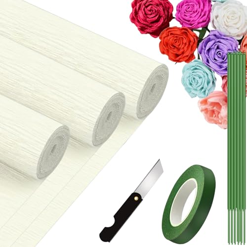 3 Rolls krepppapier 25x250cm, Krepppapier Rollen, Nicht Abfärbende Farben, Krepppapier Bunt für DIY Blumen Kunsthandwerk, Geburtstagsfeier, Hochzeit, Festival Ornament (Weiß) von VNAKER