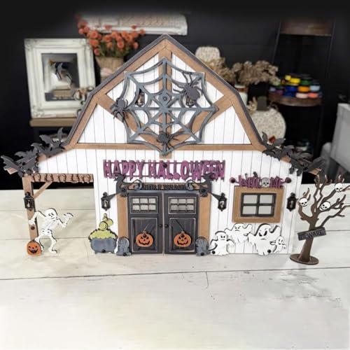 VNDGEOUH Halloween-Scheunen-Desktop-Kunstdekor, DIY-handgefertigte Holzszenen-Dekoration, Fledermäuse, Kürbisse for die Halloween-Party oder als Heimdekoration(#A) von VNDGEOUH