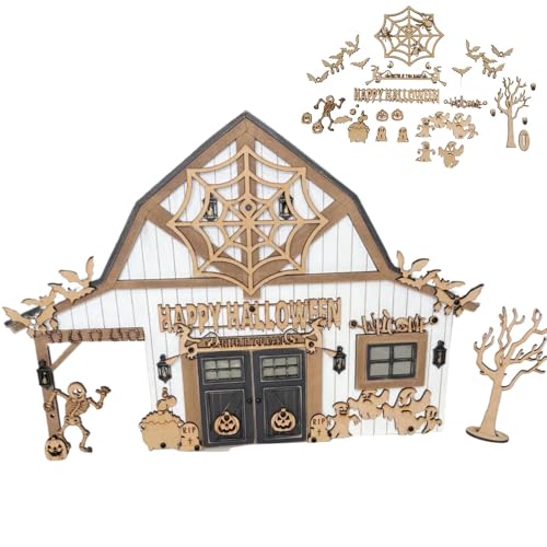 VNDGEOUH Halloween-Scheunen-Desktop-Kunstdekor, beleuchtete Mini-Spukszene mit Spinnennetz, Hexenlichtern, gruselige Bauernhaus-Tischdekoration mit Geist, Fledermaus, Kürbis, Skelett, Hexe(# B) von VNDGEOUH