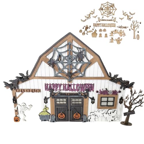 VNDGEOUH Halloween-Scheunen-Desktop-Kunstdekor, beleuchtete Mini-Spukszene mit Spinnennetz, Hexenlichtern, gruselige Bauernhaus-Tischdekoration mit Geist, Fledermaus, Kürbis, Skelett, Hexe(# a) von VNDGEOUH