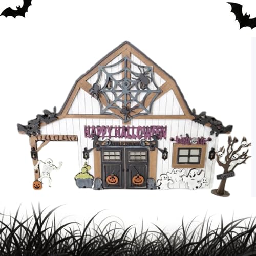 VNDGEOUH Halloween-Scheunen-Desktop-Kunstdekor, handgefertigte Holzszenendekoration, tanzendes Skelett, Geister und Fledermäuse – gruselige Tischdekoration for Schreibtisch, Kaminsims(#a) von VNDGEOUH