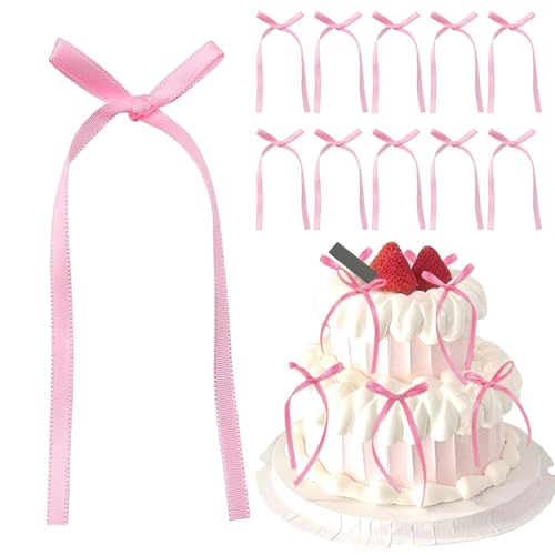 20 Stück Schleifen, Kuchenschleifen, rosa Schleife, Geburtstagstortenaufsatz, Dekorationen, Zubehör-Set, Kinder, Dessert, zarte kleine rosa Schleifen, Deko-Set für Geburtstag, Party, Hochzeit von VNDKGN