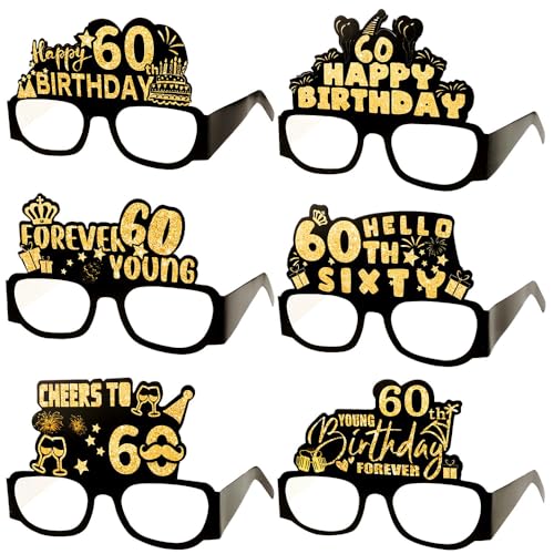 6 Stück Dekorationen zum 60. Geburtstag – Brillen für Fotokabinen-Requisiten, Partybrillen-Dekoration, Requisite für Erwachsene, lustige Geschenke, schwarz-goldenes Papier, Brillen von VNDKGN