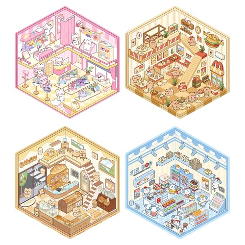 4 Sets DIY 3D-Haus-Aufkleber, 3D-Aufkleber-Szene, 3D-Aufkleber-Szene, 3D-Hausaufkleber, niedliche Cartoon-Landschaftsaufkleber für Erwachsene und Kinder, fördert die Fantasie und Feinmotorik bei von VNHATY
