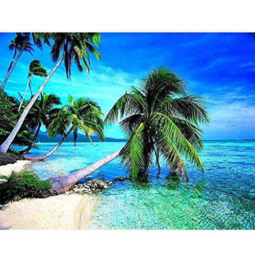 VNLMKS DIY 5D Diamant Malerei Kit, Voller Diamond Painting Anfänger Kreuzstich Kokospalme aus dem blauen Meer Nach Zahlen Diamant Painting Arts Craft Gemälde für Home Wanddekoration (40x50cm) von VNLMKS