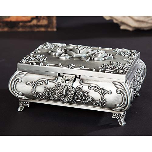 VOANZO Vintage Schmuckschatulle Kleine Vitrine für Ring Halsketten Ohrringe Schmuckstück Aufbewahrungsbox Organizer Fall Antik Silber Mini Andenken Box (12,5x9,5x5,5 cm) von VOANZO