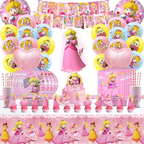 103 Pcs Prinzessin Peach Geburtstag Deko, Prinzessin Peach Helium Ballon, Prinzessin Party Deko, Princess Peach Partygeschirr, Princess Peach Pappteller, Prinzessin Peach Servietten, Tischdecke Peach von VOENCSU