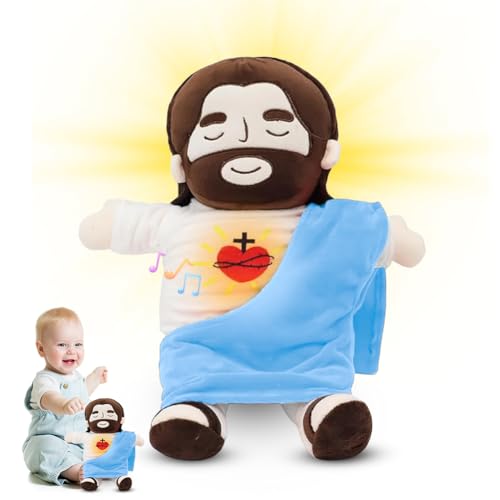 Jesus Plüschtier, 40cm Schlummer Jesus Kuscheltier mit Herzschlag & Licht & Musik, Jesus Stofftier Plüsch Kuscheltier Einschlafhilfe Babys Schlummer Schlafpartner Kinder Beruhigender für Kinder (Blau) von VOHESEA