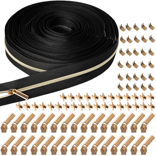 VOKABY 3# 9 M Endlosreißverschluss mit Zipper,Einschließlich 30 Stück Reißverschlussschieber aus Metall,60 Stück Reißverschluss Oberstoppschnallen Unterstoppschnallen (Schwarz-Gold) von VOKABY