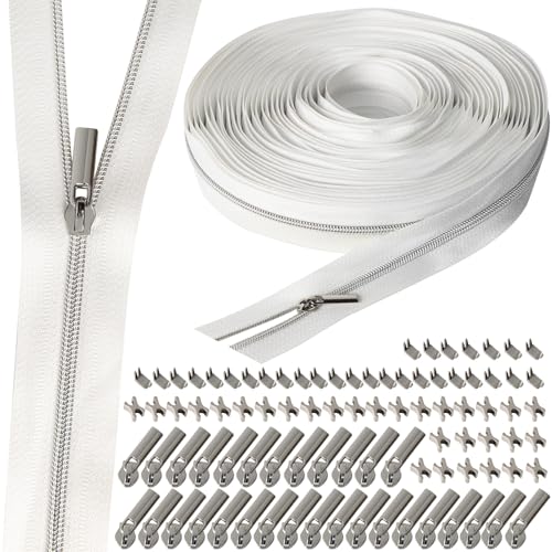 VOKABY 3# 9 M Endlosreißverschluss mit Zipper,Einschließlich 30 Stück Reißverschlussschieber aus Metall,60 Stück Reißverschluss Oberstoppschnallen Unterstoppschnallen (Weiß-Silber) von VOKABY