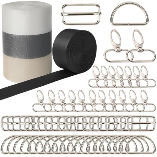 VOKABY 64 Stück Gurtband 40 mm Kit,Einschließlich 20 M Nylon Webbing,20 Karabinerhaken Schlüsselanhänger,20 D Ring,20 Metall Triglide Schiebeschnalle von VOKABY
