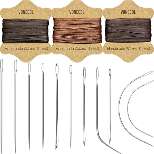 VONEEDL Polster-Reparatur-Set: gewachstes Nähgarn (3 Rollen, braune Farbpalette) und robuste Nadeln (11 Stück) für Leder, Leinwand und Quiltgarn von VONEEDL