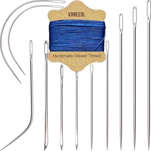VONEEDL Polster-Reparatur-Set: gewachstes Nähgarn (hellblau) und robuste Nadeln (11 Stück) für Leder, Leinwand und Quiltgarn von VONEEDL