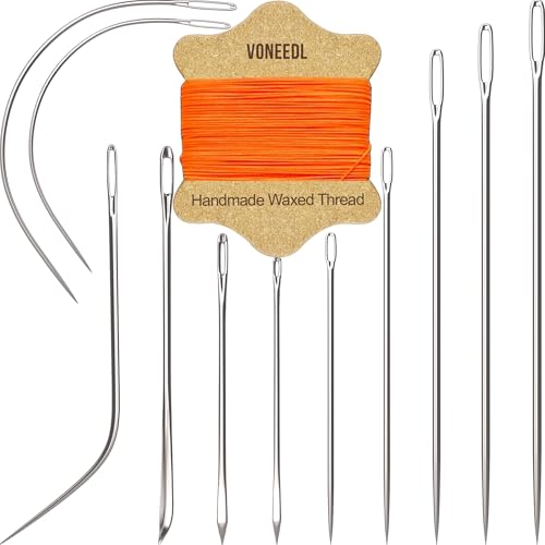 VONEEDL Polster-Reparatur-Set: gewachstes Nähgarn (orange) und robuste Nadeln (11 Stück) für Leder, Leinwand und Quiltgarn von VONEEDL