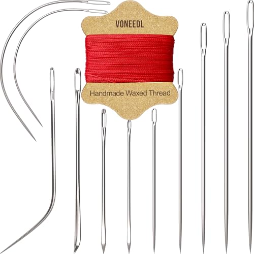 VONEEDL Polster-Reparatur-Set: gewachstes Nähgarn (rot) und robuste Nadeln (11 Stück) für Leder, Leinwand und Quiltgarn von VONEEDL