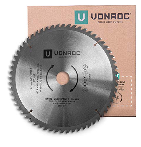 VONROC Kappsägeblatt - Gehrungssägeblatt 254 mm - 60 Zähne – für Holz – Universal - Auch für Tischkreissägen von VONROC