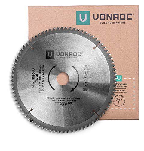 VONROC Kappsägeblatt - Gehrungssägeblatt 254 mm - 80 Zähne – für Holz – Universal - Auch für Tischkreissägen von VONROC