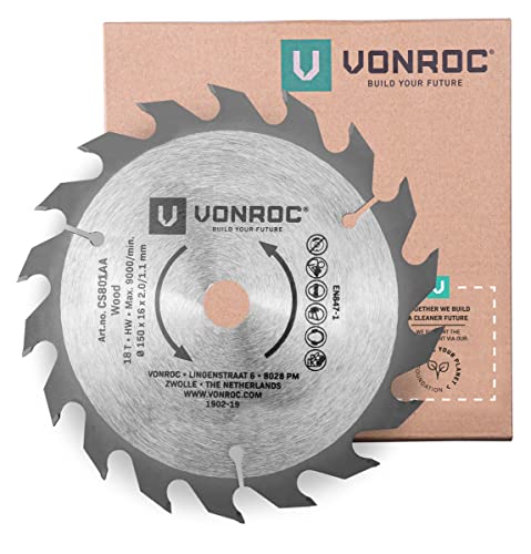 VONROC Kreissägeblatt 150 x 16 x 2,0/1,1mm - 18 Zähne – für Holz – Universal von VONROC