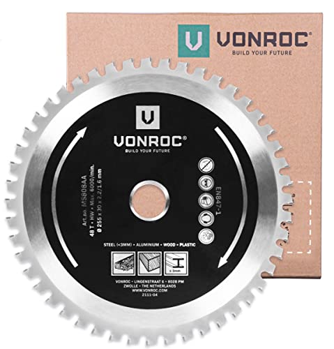 VONROC Multi-Material-Sägeblatt - Ø255 x 30mm - 48T - Holz, Aluminium, Kunststoff und Stahl - Für MS507AC von VONROC