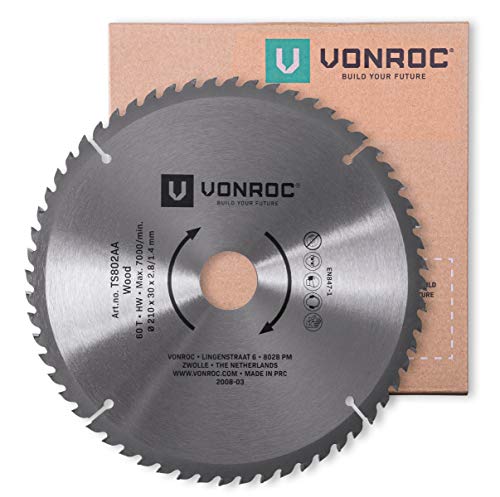 VONROC Sägeblatt – 210mm – 60 Zähne – für Holz – geeignet für Tischkreissägen und Kappsägen von VONROC