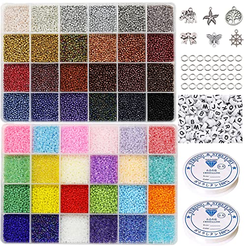 31200 Stück Glas-Seed-Beads, 48 Farben, 2 mm 12/0 Schmuckherstellungsset, in dem sich Buchstabenperlen, 2 Rollen elastische Schnur, Anhänger und Sprungringe befinden, (48 Farben) von VOOMOLOVE