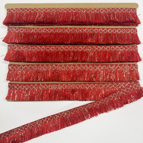 Fransenborte im Boho-Stil, Fransenborte im Boho-Stil, zum Nähen von Fransen für Vorhänge, Teppiche und zum Erstellen anderer Bastelarbeiten (Rot/Gold), 30 mm (1,18 Zoll) von VOOMOLOVE