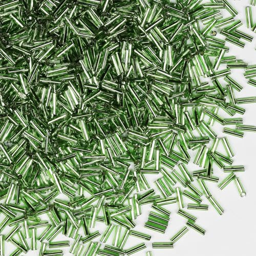 Glasperlen, Glasstifte, Rocailles, Länge 6 mm, Röhrenperlen für Schmuckherstellung, 2420 Stück/80 g (Grüner Silberkern) von VOOMOLOVE