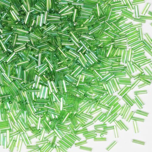Glasperlen, Glasstifte, Rocailles, Länge 6 mm, Röhrenperlen für Schmuckherstellung, 2420 Stück/80 g (grün-AB) von VOOMOLOVE