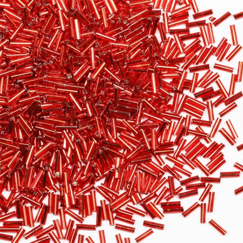 Glasperlen, Glasstifte, Rocailles, Länge 6 mm, Röhrenperlen für Schmuckherstellung, 2420 Stück/80 g (rot-silberner Kern) von VOOMOLOVE