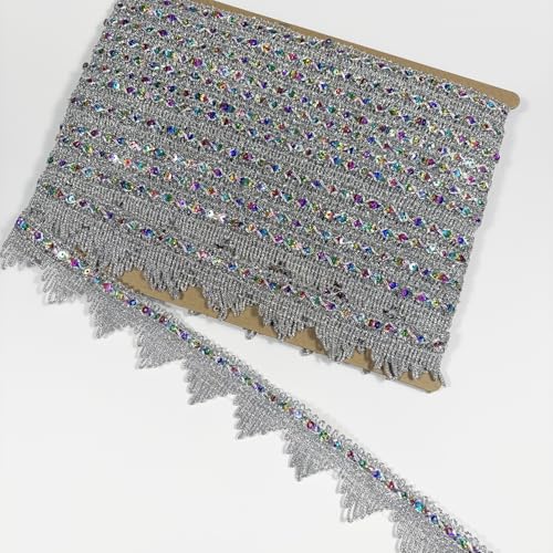 Länge 12,7 m, Breite 4 cm, silberfarbenes Pailletten-Spitzenband, verzierter Gimpen-Bordüre für Hochzeit, Braut, Performance-Kostüme oder Schmuck, Basteln und Nähen (Silber-Pailletten) von VOOMOLOVE