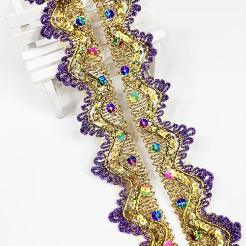 Länge 12,7 m, Breite 4 cm, violette Pailletten-Bordüre, Bastelband für Hochzeit, Braut, Performance-Kostüme oder Schmuck, Basteln und Nähen (lila/bunte Pailletten) von VOOMOLOVE