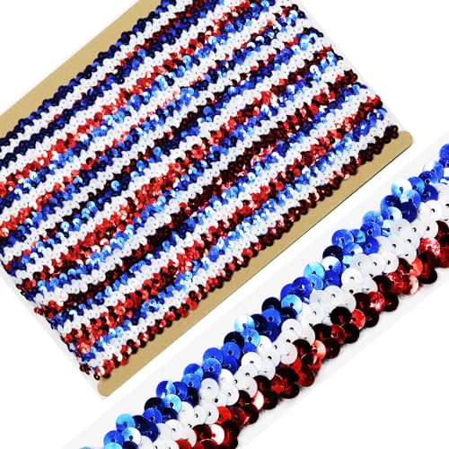 Länge 9,1 m, Breite 3,8 cm, rot/weiß/blau, elastisches Paillettenband zum Nähen, Kleid, Tanzkostüme, Stirnband (rot/weiß/blau) von VOOMOLOVE