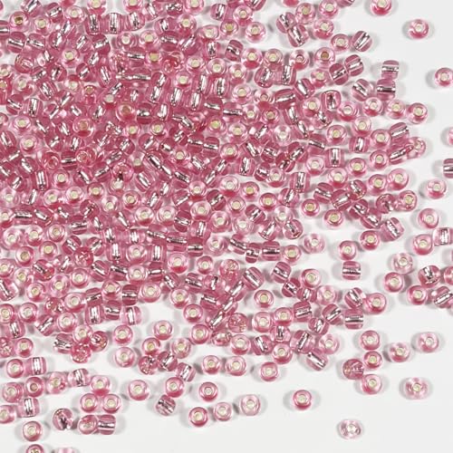 Rocailles-Perlen, 110 g, ca. 1600 Stück, 4 mm, 6/0, rosa Glasperlen für die Herstellung von Ohrringen, Armbändern, Anhängern, Taillenschmuck, selbstgemachten Rocailles-Perlen (rosa Silberkern) von VOOMOLOVE