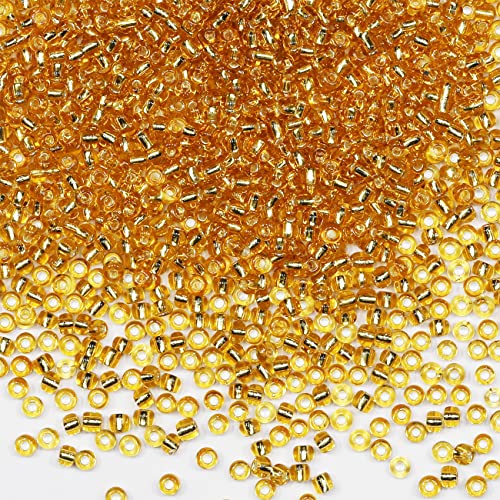 Rocailles-Perlen, 110 g, ca. 3500 Stück, 3 mm, 8/0, transparente Goldkern-Glasperlen für die Herstellung von Ohrringen, Taillenschmuck, handgefertigte Rocailles-Perlen (transparenter Goldkern) von VOOMOLOVE