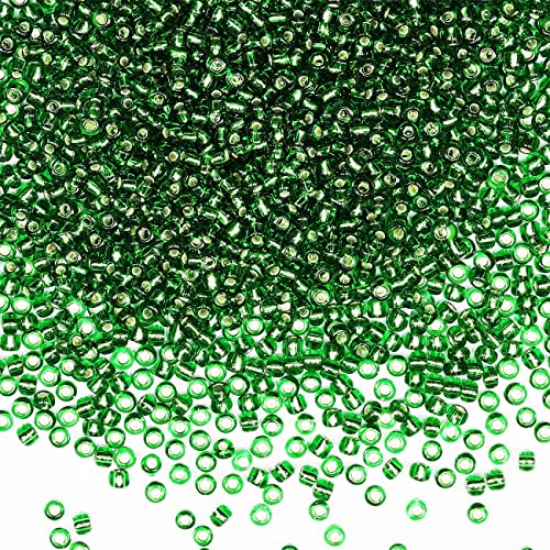 Rocailles-Perlen, 110 g, ca. 3500 Stück, 3 mm 8/0 Glasperlen für die Herstellung von Ohrringen, Armbändern, Anhängern, Taillenschmuck, DIY handgefertigte Rocailles (dunkelgrüner Silberkern) von VOOMOLOVE