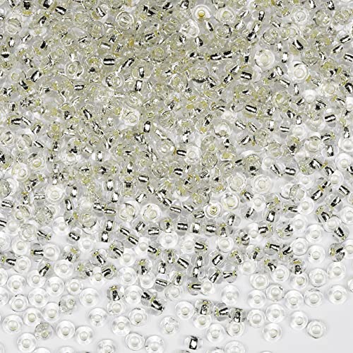 Rocailles-Perlen, 110 g, ca. 3500 Stück, 3 mm 8/0 Glasperlen für die Herstellung von Ohrringen, Armbändern, Anhängern, Taillenschmuck, DIY handgefertigte Rocailles (transparenter Silberkern) von VOOMOLOVE
