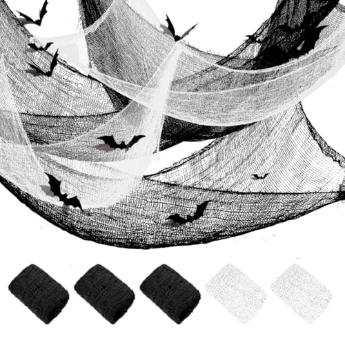 5 Stück 183 x 76 cm Halloween Gaze Stoff Deko gruselig käsetuch passiertuch Cheesecloth mit 12 3D Fledermäuse, Halloween türdeko und Party Decoration Innen Außen von VOPIWOZ