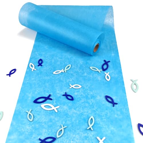VOPIWOZ 30cm x 10m dekoratives Tischband, Vlies Tischläufer Blau, Tischläufer Frühling, Enthält 45 Holzfische Kommunion Deko, Taufe Deko Junge und Mädchen, Tischläufer Moderne für Konfirmation Deko von VOPIWOZ