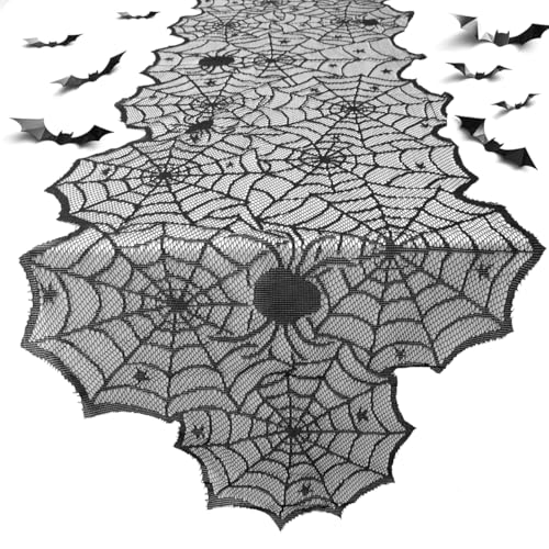 VOPIWOZ Halloween Spinnennetz Lace Tischdecke Schwarz Set Halloween Tischdeko Enthält 1 Stück Halloween Tischläufer 16 Stück und 3D Fledermaus für Halloween Party und Halloween Tischset(182 * 46cm) VOPIWOZ Halloween Spinnennetz Lace Tischdecke Schwarz Set Halloween Tischdeko Enthält 1 Stück Halloween Tischläufer 16 Stück und 3D Fledermaus für Halloween Party und Halloween Tischset(182 * 46cm) von VOPIWOZ