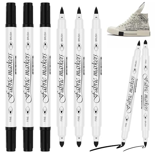 VORHOT 6 Stück Schwarz Textilstifte Waschmaschinenfest, 1-5mm Dual Tip Stoffmalstifte, Lichtecht und Wasserfeste Textilmarker Stifte, Permanent Textilfarbe Stifte für Bemalen T-Shirt Stoffbeutel von VORHOT