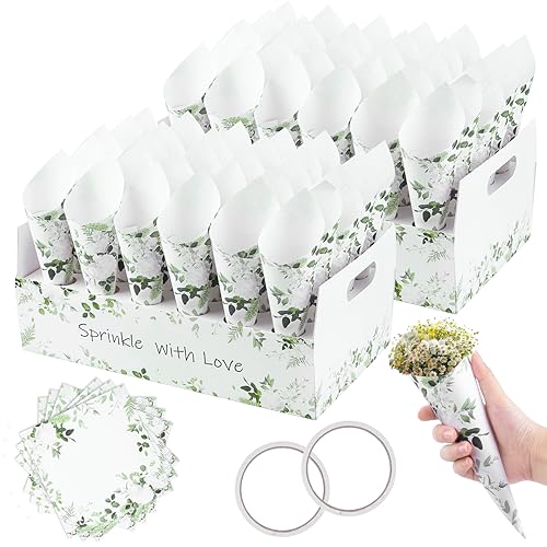 VORHOT Konfetti Hochzeit Kegel, 60 Stück Konfetti Kegel Halter mit 2 Kraftpapier Kegelhalter, Vintage Hochzeit Konfetti Kegel für Konfetti Blütenblätter Hochzeit Party Dekoration, Blätter von VORHOT