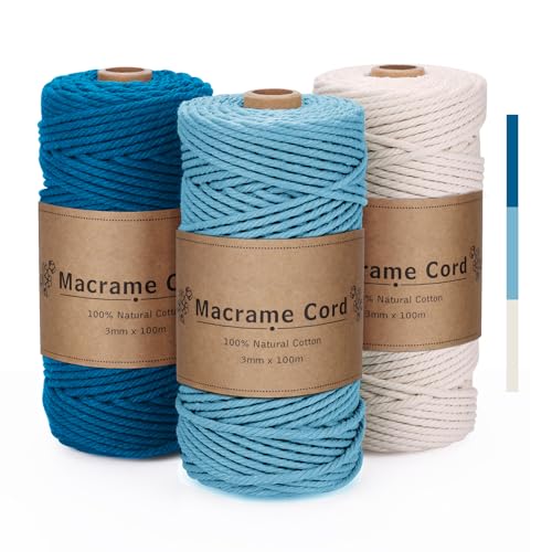 VORHOT Makramee Garn 3mm x100m, Makramee Garn Set Blau, Baumwollgarn 3mm, Baumwollkordel Natur, Baumwoll Bastelschnur für Basteln Stricken Boho Deko Wandbehang Dekoration VORHOT Makramee Garn 3mm x100m, Makramee Garn Set Blau, Baumwollgarn 3mm, Baumwollkordel Natur, Baumwoll Bastelschnur für Basteln Stricken Boho Deko Wandbehang Dekoration von VORHOT
