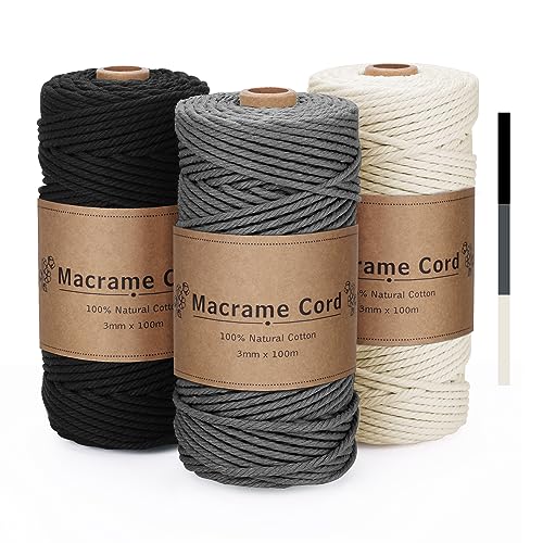 VORHOT Makramee Garn 3mm x100m Set Grau Beige Schwarz, Baumwollkordel Natur für Basteln Stricken Boho Deko Wandbehang Dekoration VORHOT Makramee Garn 3mm x100m Set Grau Beige Schwarz, Baumwollkordel Natur für Basteln Stricken Boho Deko Wandbehang Dekoration von VORHOT