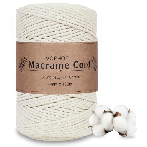 VORHOT Makramee Garn 4mm x 170m Beige, Makramee Baumwollgarn 4mm, Baumwoll Bastelschnur für DIY Handwerk Basteln Stricken Boho Deko Wandbehang Dekoration Wohnzimmer Balkon, Baumwollkordel Natur von VORHOT